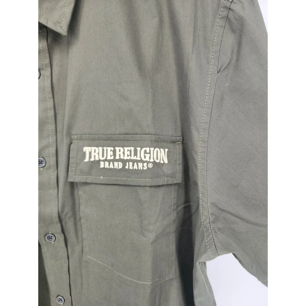 True Religion Mens Olive Green Short Sleeve Button Down Utility Shirt Size M NWT